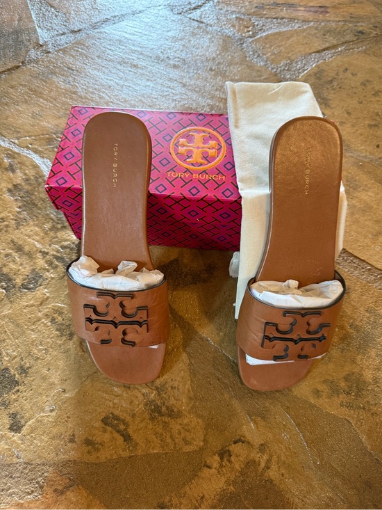 Tory Burch Shoes - Tory Burch Tan Leather Slide Mules with Logo Cutout